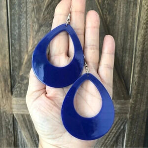 Dark Blue Really Huge Acrylic Hollow Teardrop Hoop Earrings NWT